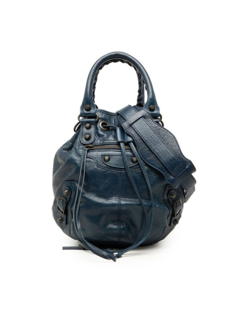 Balenciaga Classic Mini Pom 2-Way Shoulder Bag Navy Leather
